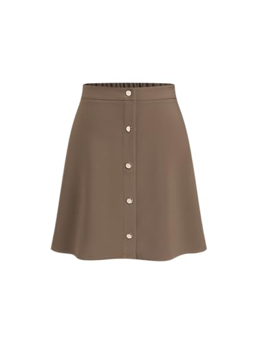 CIDER Knee Length Skirts for Women Button Front A-Line Elastic Mid Waist Solid Casual Basic Midi Skirt Fall Trendy