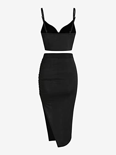 Zaful Women's Solid High Waisted Ruched Cowl Front Jersey Top And Ruched Skirt Set Dress (J-Black, L) #TOP1