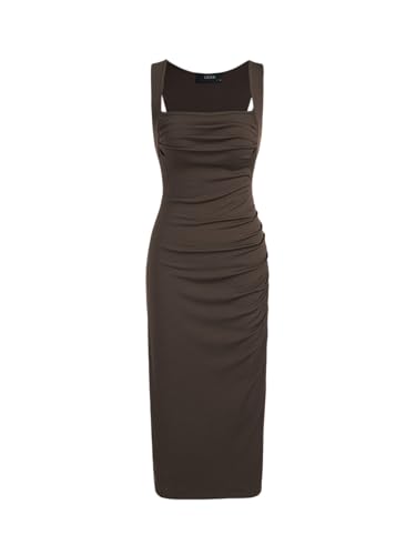 CIDER Women Midi Dress Bodycon Square Neck Sleeveless Ruched Sexy Cocktail Party Going Out Dresses