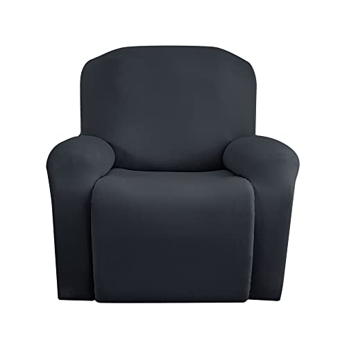 Recliner Chair Covers Stretch Recliner Cover(Recliner, Drak Gray) 4 Pieces Recliner Couch Cover for Large Recliner Soft Spandex with Pocket Elastic Bottom and Ties Furniture Protector for Pet