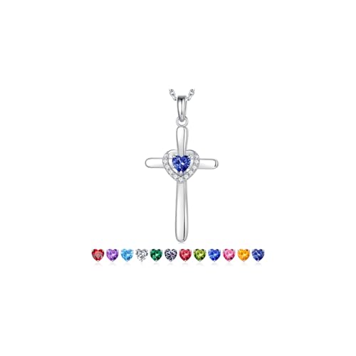 Iefil Birthstone Cross Necklace - 925 Sterling Silver Cross Necklace, December Tanzanite Cross, Birthstone Jewelry for Wife Mom Her