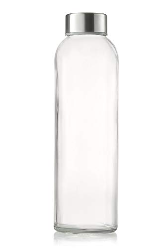 Sagler glass bottles 6 Pack 18oz - Includes 6 Sleeves (COLORS MAY VARY) - glass drinking bottles for Beverage and Juice - water bottle glass with stainless Steel Caps with - Leak-Proof Lid