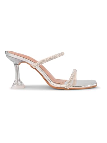 Image of XE Looks Women's Rhinestone Double Strap Slip-On Heeled Sandals with Transparent Sculpted Heel | Soft Cushioned Footbed | Elegant Open Square Toe Sandals for Girls & Women