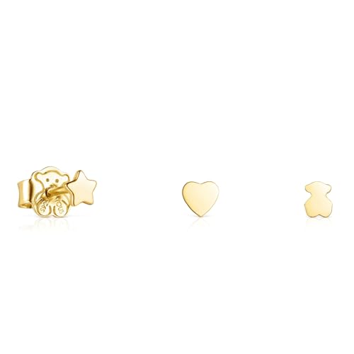 TOUS Pack 3 Pendientes con Baño de Oro 18Kt sobre Plata para Mujer con Motivos de Oso, Corazón, Estrella de 3,5 mm con Cierre de Presión, Elegante y Versátil, Colección Cool Joy