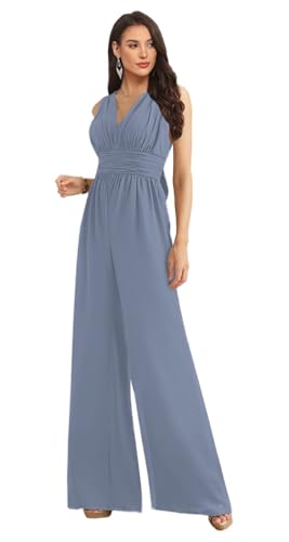 DWKLLI Women’s Convertible Bridesmaid Dresses for Wedding Ruffle Prom Jumpsuit Chiffon One Piece Long Evening Dress Dusty Blue
