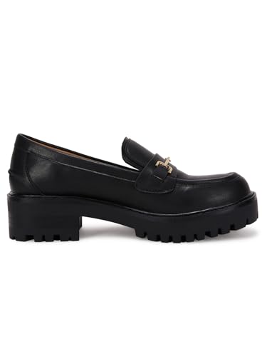 Image of VETASTE Women's Platform Chunky Heel Loafers Slip on Business Casual Shoes | Classic Closed Round Toe, Lug Sole, Work Office Uniform Oxfords, Metal Chain