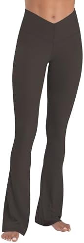 Sunzel Mini Flare Leggings for Women V Crossover Mid Rise Workout Flared Yoga Pants with Tummy Control and Wide Leg 32" Seal Brown X-Small