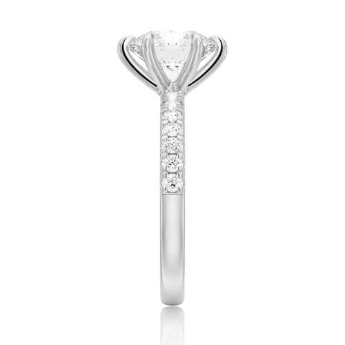 MSBLUE® Solitaire Moissanite Engagement Ring, 1.0-2.0 CT Round Cut with Pavé Band, 14K Gold Vermeil, Rhodium Finish4