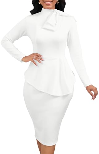 Image of WanMem Women Formal Bodycon Peplum Cocktail Dress Short Sleeve Bow Ruffle Pencil Party Midi Dresses