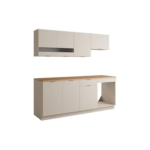 Vente-unique-Cocina Completa - con encimera de 200 cm - Beige y Natural - CARMEO
