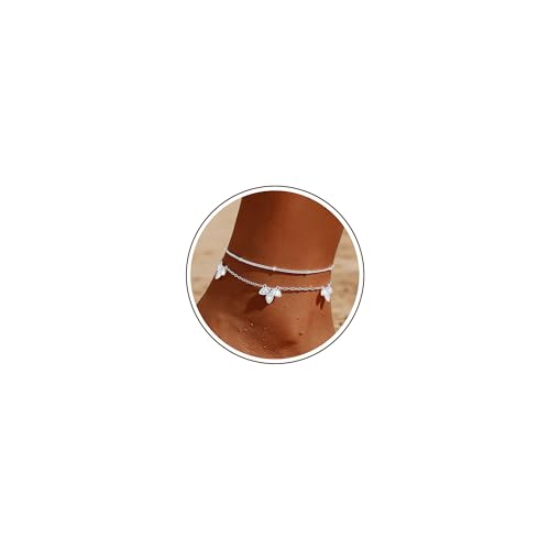 Chihayafuji Fußkettchen für Damen Silber 925 Gold Verstellbares Wasserfest Herz Doppelte Stapelbar Fussketten Sommer Strand Fußkette Schmuck Geschenk Mädchen Frauen