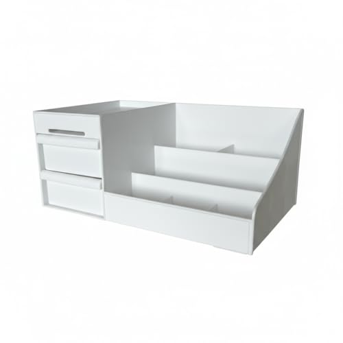 KAPNAU Organizador de Maquillaje con Cajones – Caja Cosméticos para Tocador, Almacenaje para Brochas, Pintalabios y Cremas – Diseño Blanco de Plástico Resistente – Ideal para Dormitorio o Baño