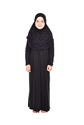One-Piece Muslim Dress for Girls Long Sleeve Islamic Prayer Dress with Head Scarf for Muslim Girls Jilbab Hijab Muslim Girls Fashion Abayas Size : 8-12 Years Old Color: Black