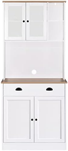 MUPATER Kitchen Pantry Storage Cabinet with Microwave Stand, 72'' Freestanding Hutch Cabinet with Buffet Cupboard, Drawer and Doors for Home, White