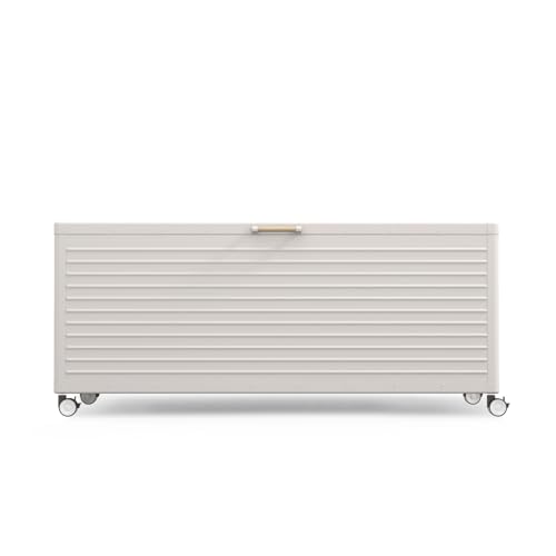 Image of MIRADOR 281 Gallon Outdoor Storage Box with Wheels & Soft-Close Lid, Waterproof Metal Deck Box for Patio Cushions, Garden Tools & Pool Accessories, Latte