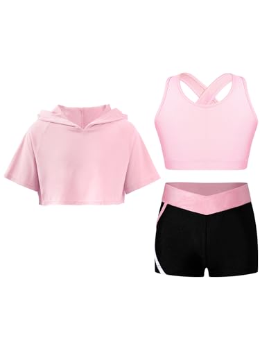 FEESHOW Girls Sport Clothes Set Short Sleeve Sweatshirt Hoodie + Crop Top with Shorts Sport Suit Tennis A Pink 6 Years