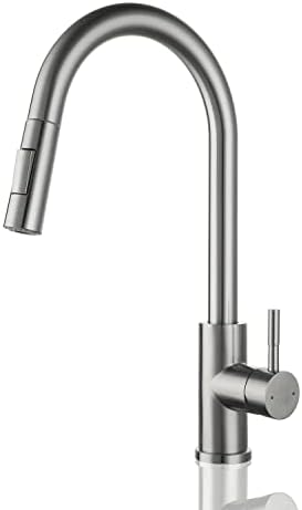 SATICO Single One Hole Single Handle Kitchen Faucet Brushed Nickel Faucet with Pull Down Sprayer Sink Faucet F80105BN Modern Contemporary Faucet in Stainless Steel & Brass cUPC NSF CEC Certified