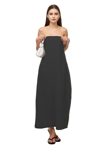 Image of Aesthetic Summer Solid Color Strapless Linen Dress Backless Sleeveless Casual Party Beach Going Out Dresses for Women