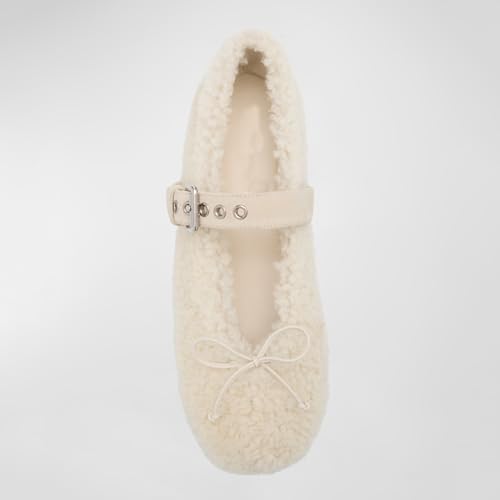 Women's Fur Ballet Flats with Bows Adjustable Strap Round Toe Slip On Flat Shoes Casual Buckle Leather Ballerina Winter Flats Fashion Cream Fur Mary Jane2
