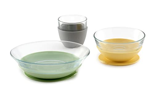 Image of BEABA 3-Piece Glass Meal Set with Silicone Suction, Toddler Plate and Baby Bowls with Suction, Non Slip Kids Dinnerware Set, 2.5X Stronger Than Regular Glass, Pastel