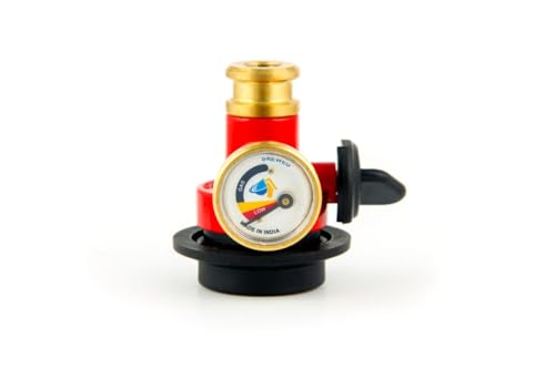 Image of Skewed Gas Safety Device with Auto Cut-Off | Gas Leakage Detector for LPG Cylinder | Automatic Gas Regulator Safety Valve for Home Kitchen (Red)