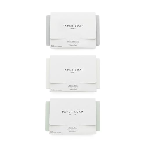 Japanese Paper Soap Sheets for Hand Washing - 300 Sheets - Made in Japan Portable Travel Soap Dissolvable Mini Soap Sheets for Camping Hiking Travel Essentials - GreenTea BlackCharcoal WhiteMint
