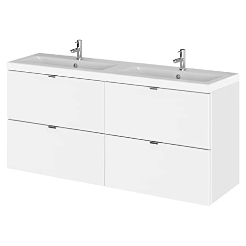 Image of Hudson Reed CBI132A Fusion Modern Bathroom 4 Drawer Wall Hung Vanity Unit and Full Depth Double Ceramic Basin, 1200mm, Gloss White