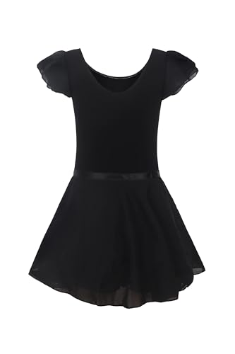 Image of EQSJIU Ballet Leotards for Girls with Removable Skirt Combo Tie Ruffle Sleeve Ballet Dance Dress Outfit 2-12 Years