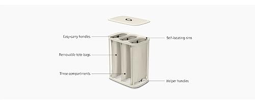 Joseph Joseph Tota Trio 90 liter/23.8 gallon Laundry Hamper Separation Basket with lid, 3 Removable Washing Bags with Handles- Ecru