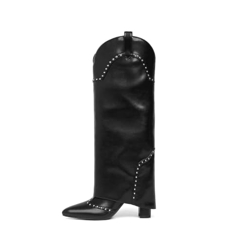 Image of Knee High Boots Women Fold Over Boots Chunky Heel Pointed Toe Tall Boots | Fashion Slouchy Boots,Side Zipper Shark Boots,Fall Spring Winter Fashion Dress Tall Boots,Evening Bridal office Long Boots