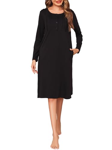 Wikoan Chemise de Nuit Longue Femme Hiver Robe de Nuit en Coton Nuisette Pyjama à Manches Longues avec Poches Taille Grande Noir XXL
