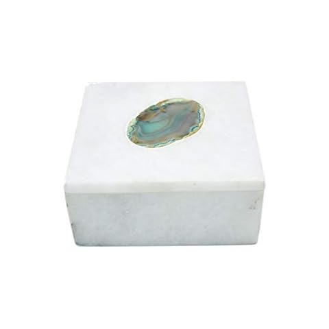 Nature's Decorations Gemstone Marble Jewelry Box with Sliced Agate Engraved Marble Lid - Decorative Storage Box, Multipurpose Marble Square Box for Women - Small Cover