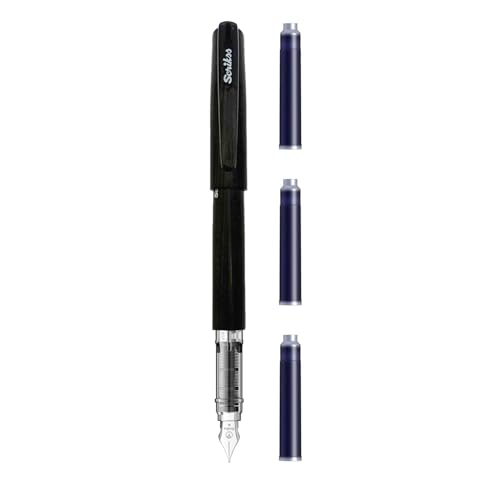 Image of Scrikss Primeo Black Medium Nib Fountain Pen | 3 Cartridges Included | Stainless Steel Nib & ABS Body | in Blister Pack