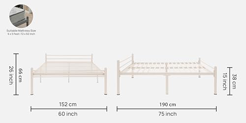 Image of Nivo Metal Queen Size Bed Without Storage | Wrought Iron Double Bed with Headboard & Footboard | Sturdy Powder Coated Platform Bed Queen Size Cot for BedroomLivingRoom Ivory (75x60)