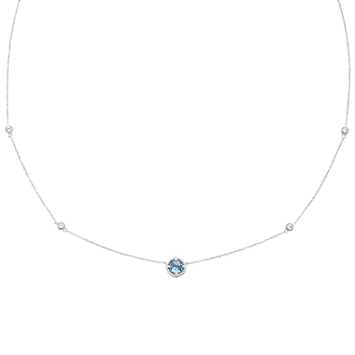 .925 Sterling Silver Genuine Swiss Blue Topaz & Lab-Grown White Sapphire 5 Station Necklace - 20” Cable Chain - December #TOP5