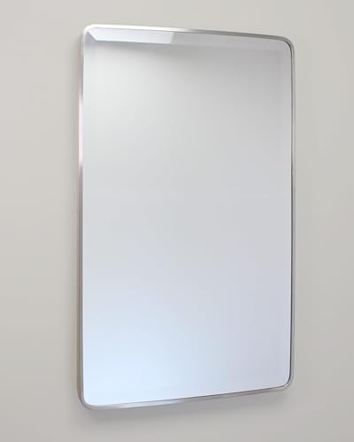 Image of 16x26 Austin Farmhouse Metal Framed Rounded Rectangle Recessed Bathroom Medicine Cabinet, Beveled Mirror, 14x24 in-Wall Opening, powder-coated Steel, Glass Shelves, Magnet Close, Brushed Nickel