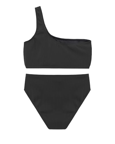 Tempt Me Women Black Two Piece Swimsuits Ribbed One Shoulder Bikini Sets Mid Waist Bathing Suit S thumb #4