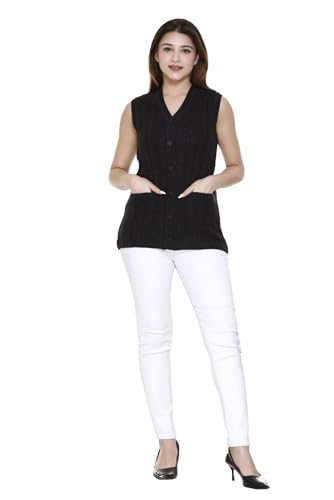 Image of aarbee Self Design Sleeveless V Neck Woollen Cardigan for Women with Front Pockets