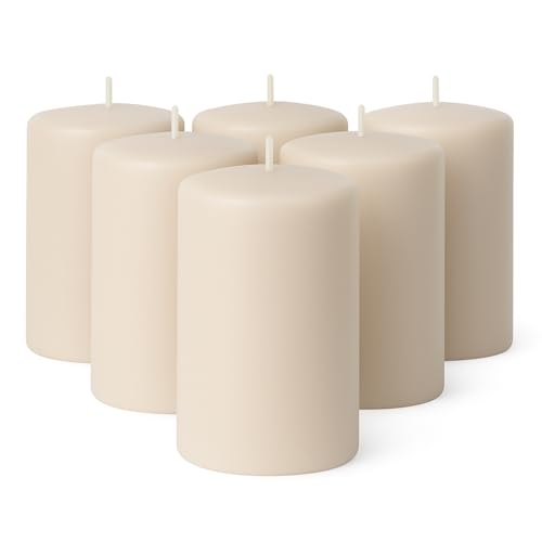 Biedermann & Sons Champagne Pillar Candles (6 Pack), 4 Inch Tall 3 Inch Wide Round, Unscented Paraffin Wax, Approx 40 to 45 Hour Burn, Dripless Decorative Candles for Centerpieces