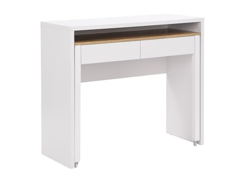 Vente-unique - Bureau Console Extensible LOAVIA avec 2 tiroirs – Finition Blanc & Bois Naturel, Meuble Gain de Place avec rangements intégrés, idéal pour...