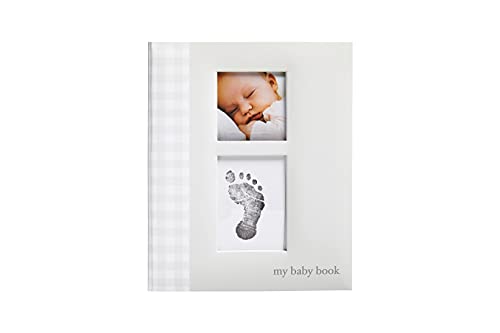 Image of Little Pear Gingham Baby Memory Book with Ink Pad, Gender-Neutral Babyprint Keepsake, Milestone Photo Album, Gray