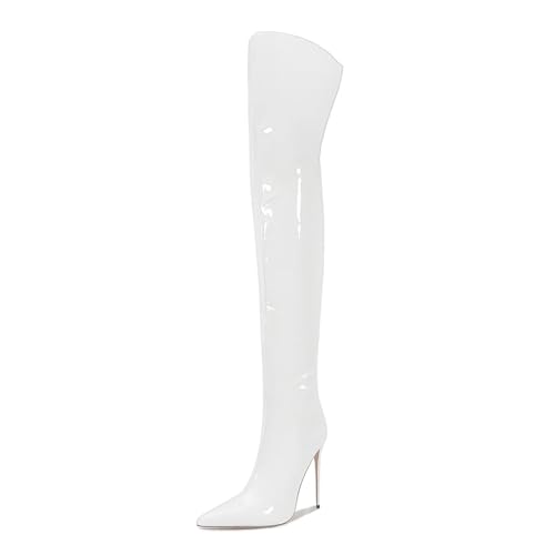 Image of Thigh high boots for women striped Back zipper Burgundy Zebra Print Over the knee Sexy gold white pointed toe Cow Print leopard Magenta stiletto heel