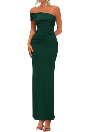 PRETTYGARDEN Women's 2026 Wedding Guest Cocktail Dresses One Off The Shoulder Ruched Bodycon Formal Maxi Party Summer Outfits (Dark Green,Medium)