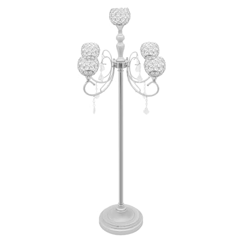 DYNAMI 5 Arm Crystal Candelabra Centerpiece,49.2in Tall Floor Candelabra with Crystal Candle Holder Bowl,Silver Centerpiece Table Decorations,for Home Wedding Anniversary Dinner Party