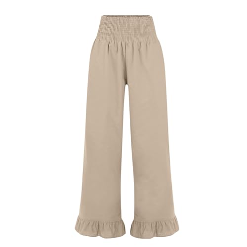 Image of Women Linen Pants Dressy Casual Summer Boho Ruffle Hem Wide Leg Cropped Pants Smocked High Waisted Palazzo Pant