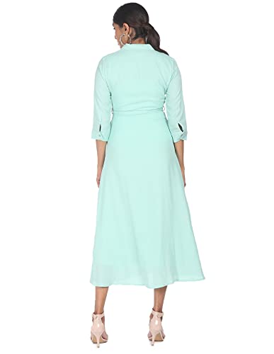 Image of SHFFL Polyester Women Turquoise Notch Lapel Collar Solid Shirt Dress Below The Knee Dresses