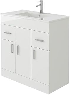 VeeBath VUMW60 Sphinx Free Standing Basin Vanity Cabinet Unit with 2 Swing Doors & Rectangular Sink-600mm, High Gloss White Flatpack - 600mm