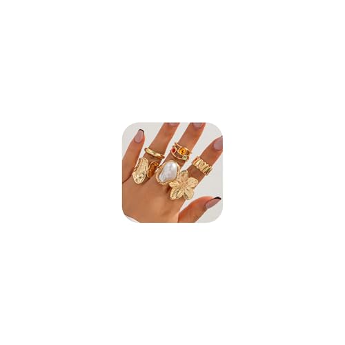 Chunky Knuckle Flower Rings for Women Chunky Gold Pearl Ring Set Stacking Crystal Knuckle Rings Statement Ring Jewelry