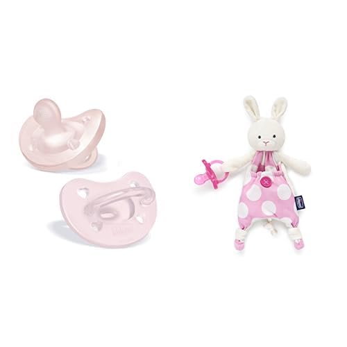 Chicco PhysioForma Silicone Orthodontic Pacifier, 0-6m: Pink, 2pk + Chicco Pocket Buddies Soft Pacifier Holder-Lovey: Pink Bunny