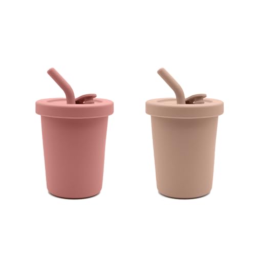 noüka Straw Cup | 2-Pack | 100% Food-Grade Silicone | Spill-Proof | Non-Slip & Soft | Dishwasher Friendly | Deep Moon/Soft Blush | Size 8 Oz